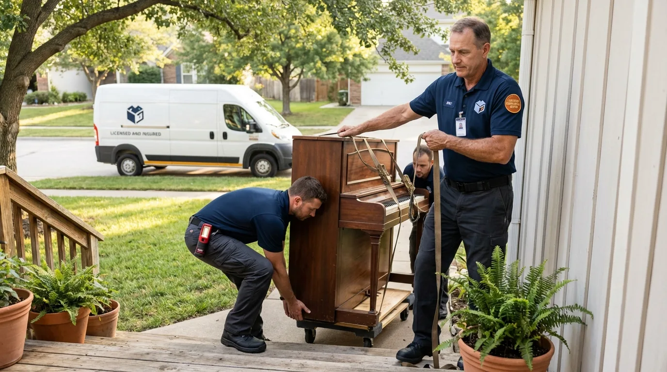 Licensed piano movers securing grand piano in Zolfo Springs, FL