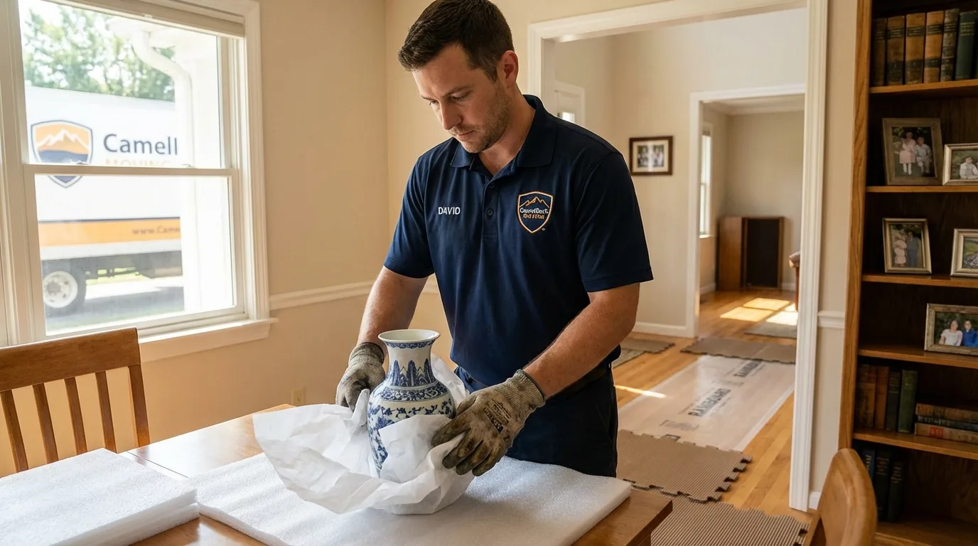 Professional crew carefully wrapping antique vase for senior downsizing move in Zolfo Springs, FL